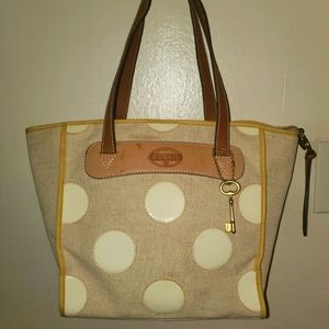 Vintage Burlap and Polka Dot Fossil Tote